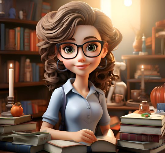 girl reading book library education concept 3d rendering